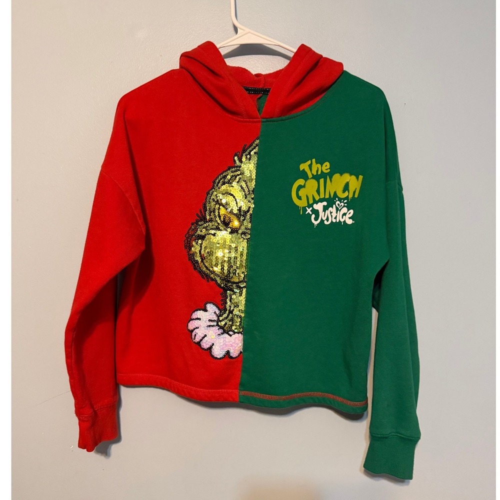 Justice x The Grinch Girls XL‎ 16/18 Sequin Split Color Hoodie Red Green 1846